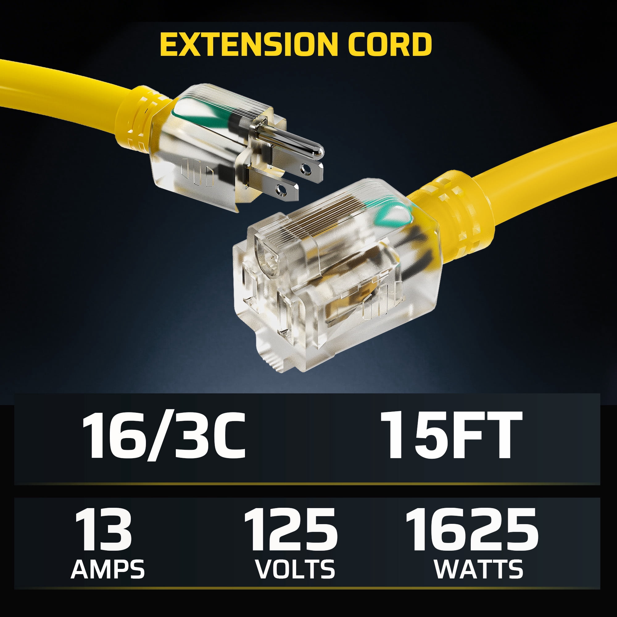 DEWENWILS 15FT Yellow Extension Cord for Outside Indoor 16/3 Gauge 16AWG 3 Prong Outlet with Light 2 Pack