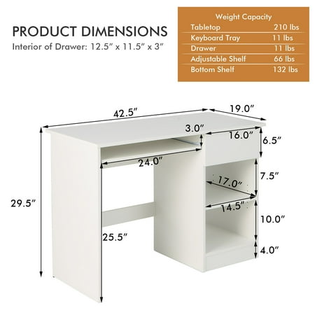 Costway Computer Desk Home Office Workstation Study Laptop Table w/Keyboard Tray Drawer - White