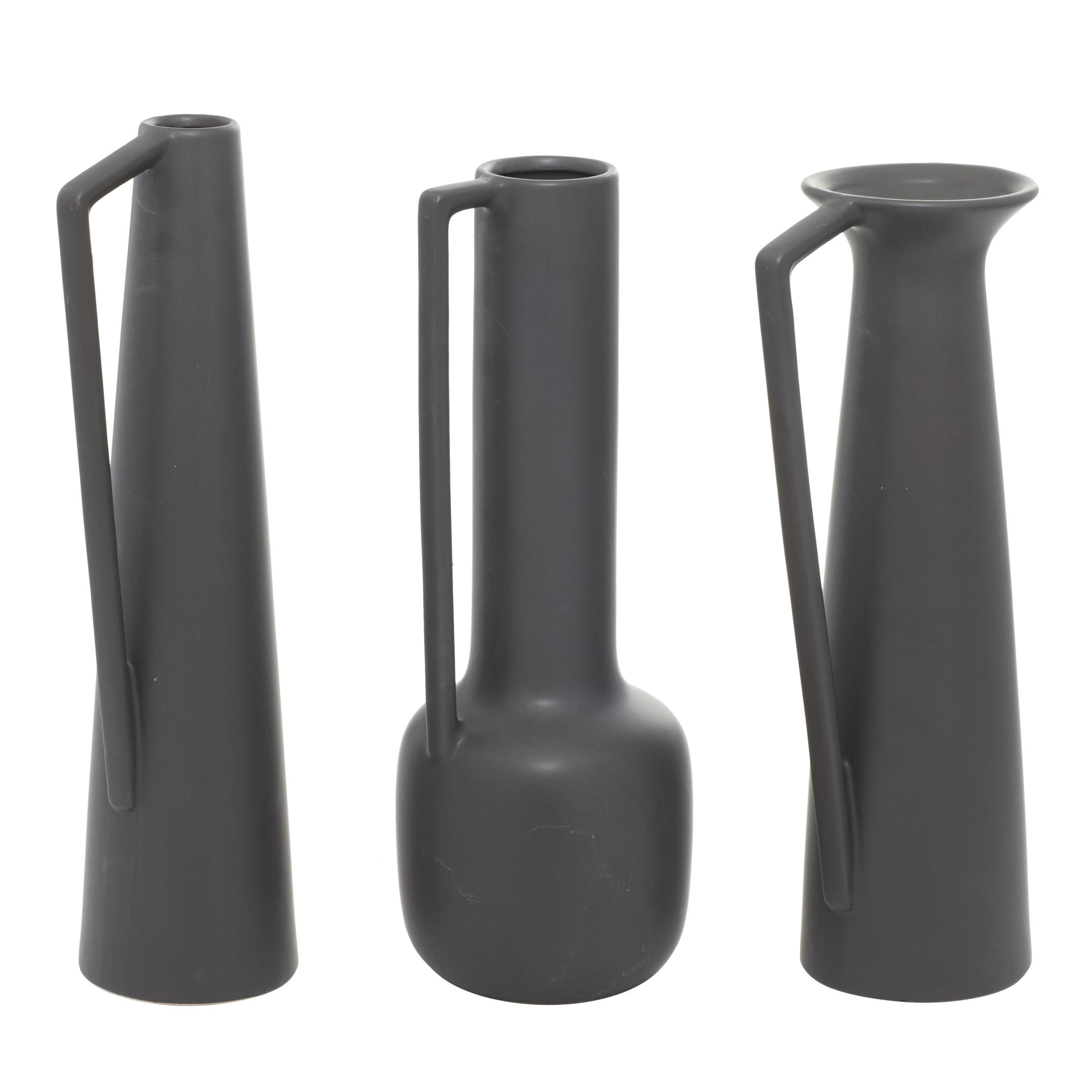 CosmoLiving by Cosmopolitan 17", 16", 16"H Black Ceramic Vase with Handles, Set of 3
