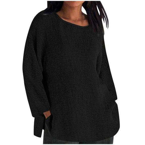 Womens Plus Size Tops, Long Sleeve Shirts for Women Fall Lightweight Casual Vintage Solid Color Crewneck Linen Dressy Blouses S-3XL