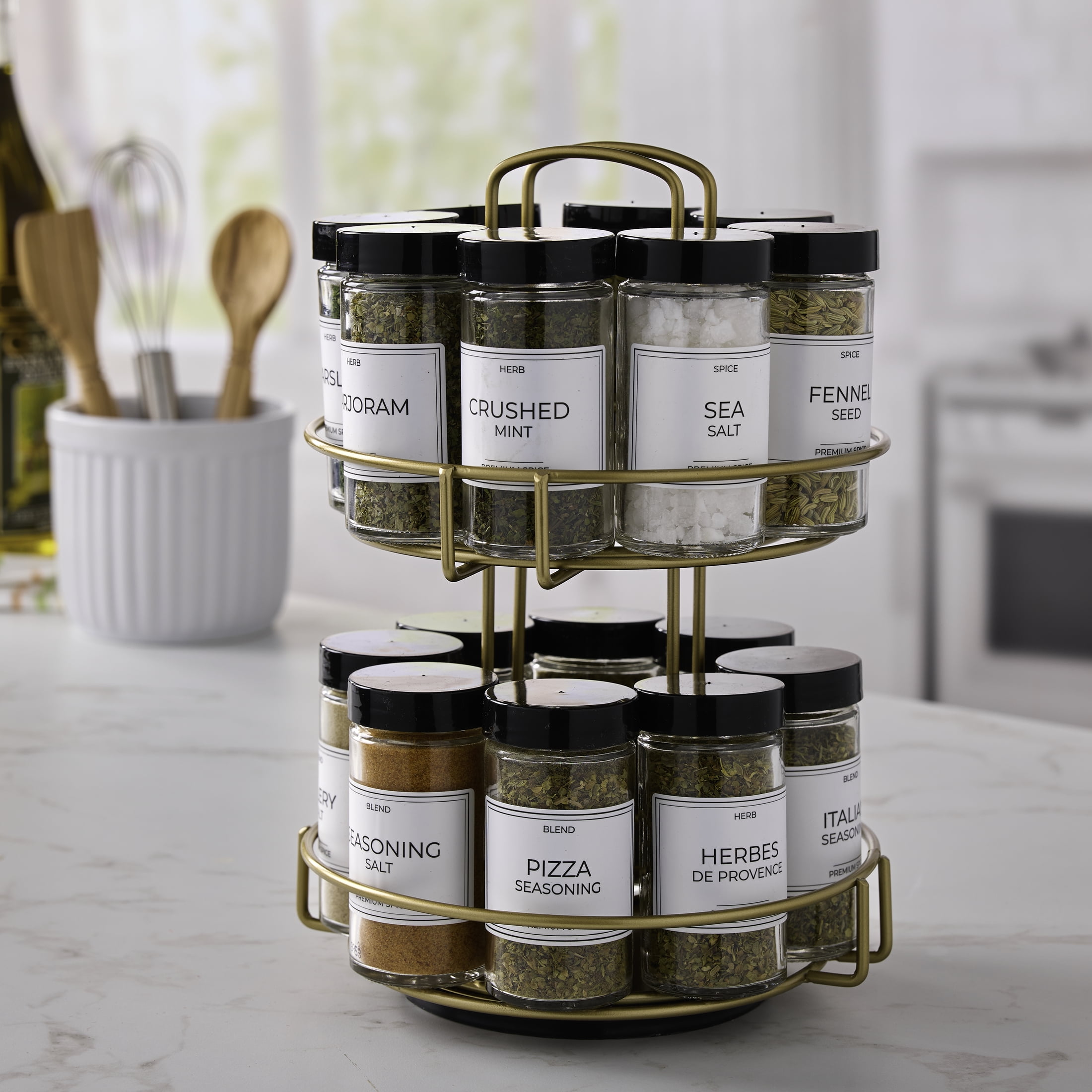 Kamenstein Prefilled 16-Jar Gold Wire 2-Tier Revolving Filled Countertop Spice Rack & Organizer, Rotating Spice Rack with Filled Jars, Space-Saving Kitchen Counter Organizer