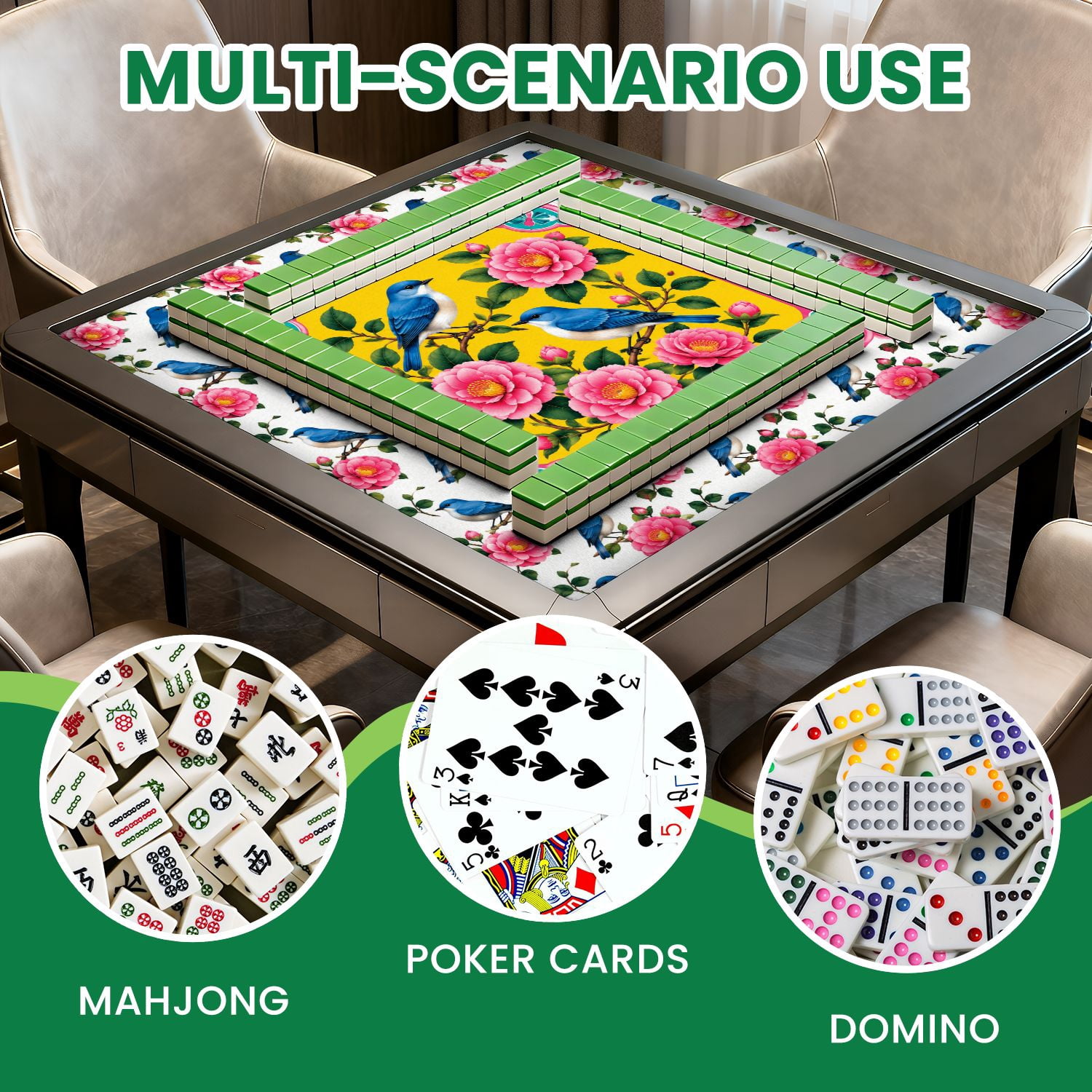 Mahjong Mat 31.5" x 31.5" Blue Birds Flowering Branch Pink Blooms Vibrant Yellow Non-Slip Noise Reduction Mahjong Tiles Table Cover for Dominoes Poker Card Board and Tile Games