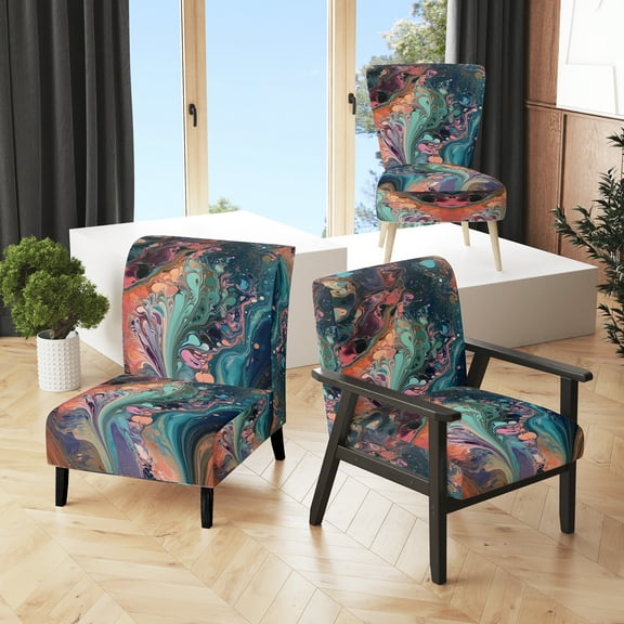 Designart "Marbled Whimsy in Teal and Pink IV" Teal Marble Upholstered Accent Chair - Modern Arm Chair For Bedroom