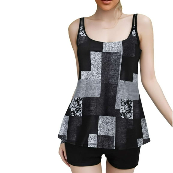 Dagegui Womens Swimsuits Tankini 2 Piece Trendy Print Bathing Suits Tummy Control Swimwear Flowy Swim Tops with Boyshorts Gray S