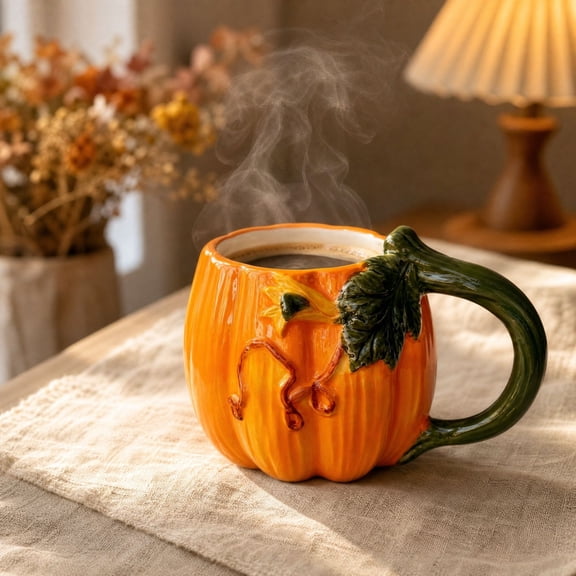 Ceramic Pumpkin Mug with Vines Handle 450ml Fall Coffee Cup for Thanksgiving and Halloween Decor