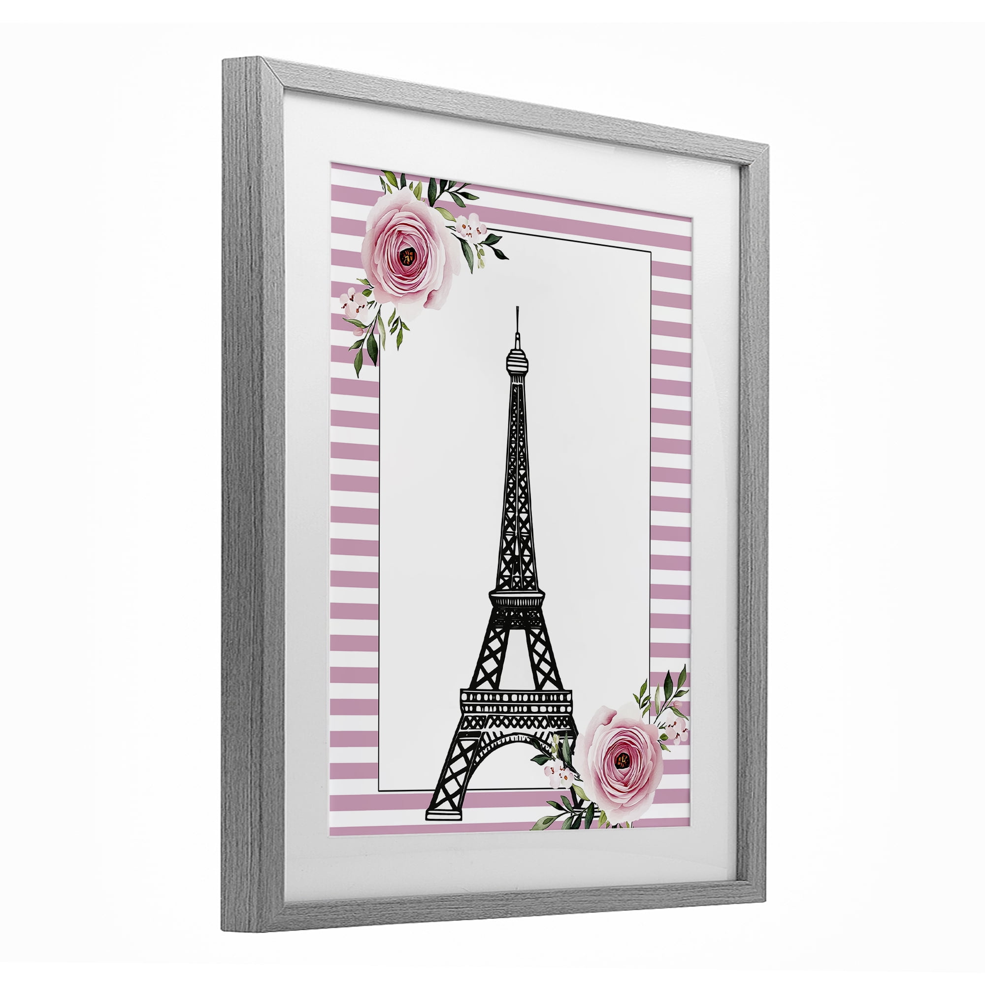 Parisian Tower & Roses Gray Framed Print Under Glass, design by Christine Simpson Art