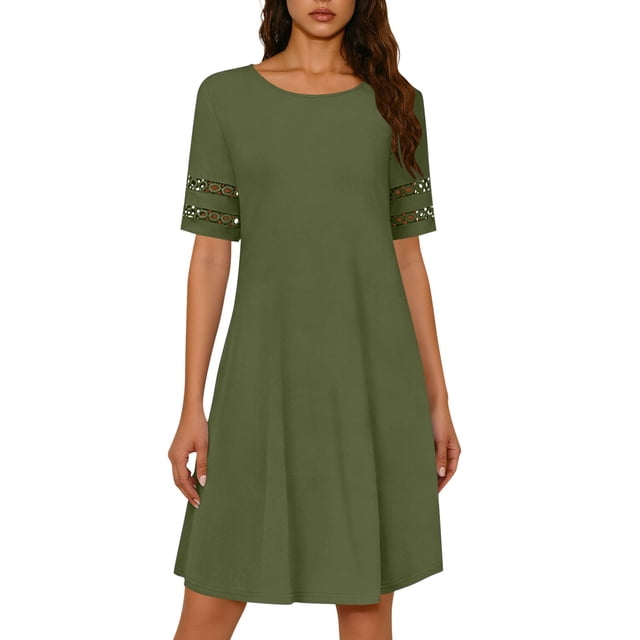 Vestido de Manga Corta para las Mujeres Encaje Casual, Cuello Redondo Plegado Vestido de Verano de Color Sólido