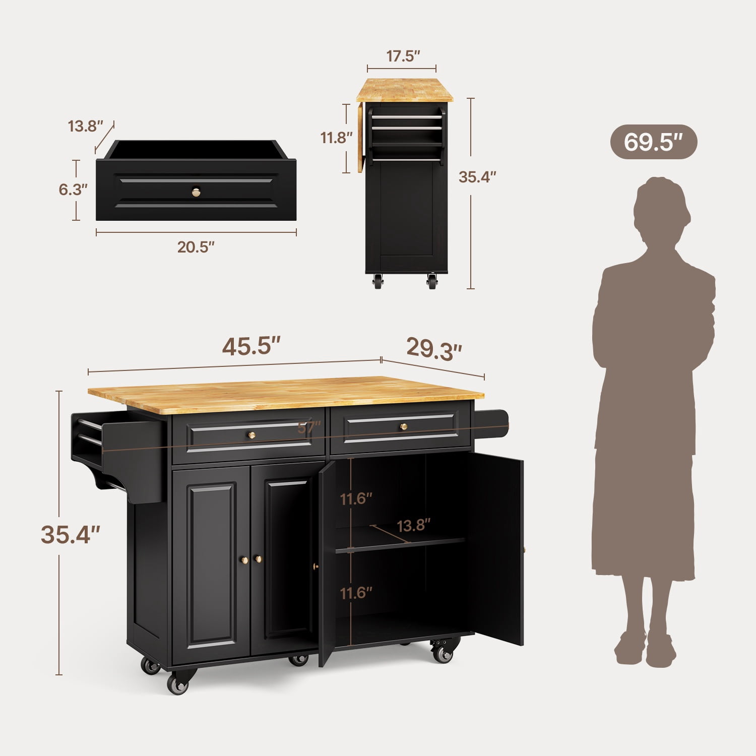 Noelse Rolling Kitchen Island Table with Storage, Drop Leaf Countertop, Kitchen Island with Rubber Wood Top, Cabinets & Rack, Black