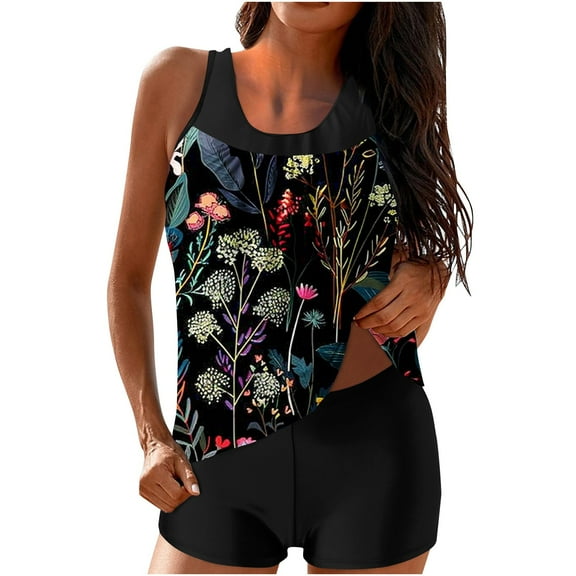 Dezsed Tankini Swimsuits for Women Two Piece Bathing Suits Blouson Tank Top with Boyshorts Tummy Control Modest Swimsuits Black M