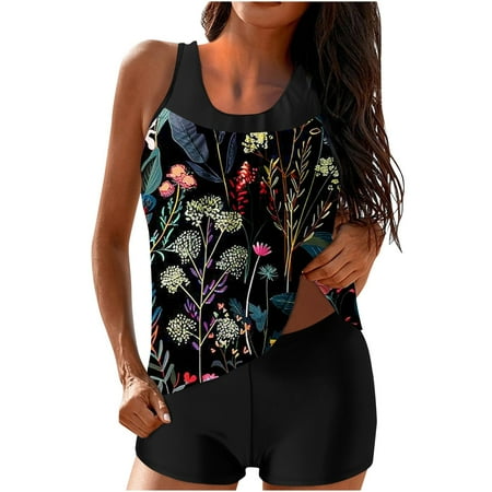 Dezsed Tankini Swimsuits for Women Two Piece Bathing Suits Blouson Tank Top with Boyshorts Tummy Control Modest Swimsuits Clearance Black XL