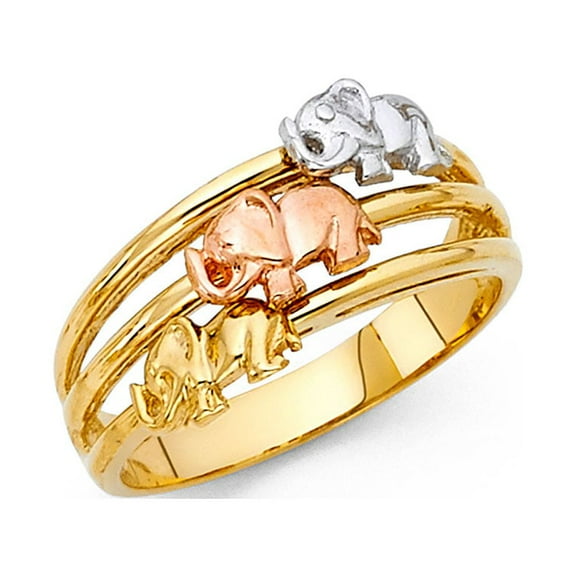 Solid 14k Yellow White Rose Gold Three Elephants Ring Good Luck Charm Band Tri Color Fancy 10MM, Size 7