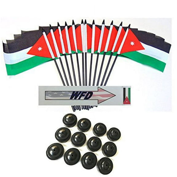 Pack of 12 4"x6" Jordan Polyester Miniature Office Desk & Little Table Flags, 1 Dozen 4"x 6" Jordanian Small Mini Handheld Waving Stick Flags with 12 Flag Bases (Flags with Stands)