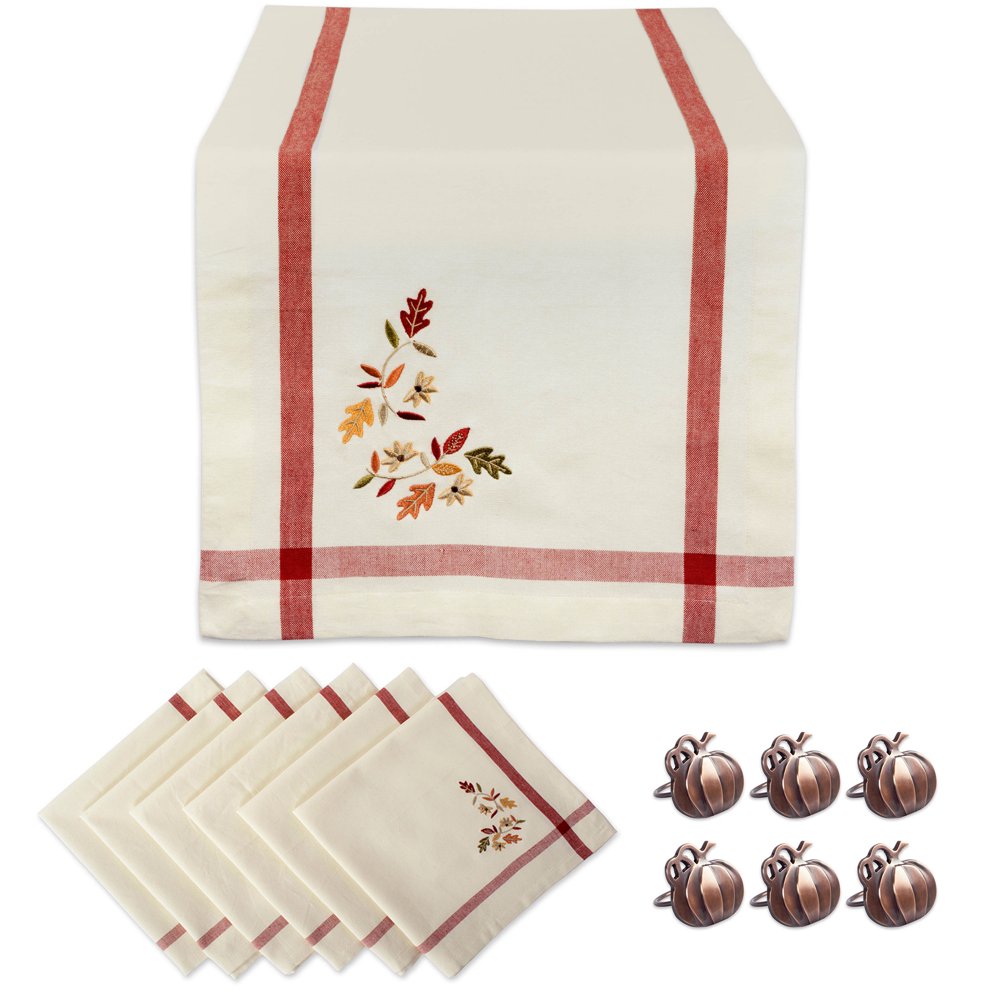 Set of 7 Rectangular Embroidered Table Runner and Napkin with Leaves Design 72"