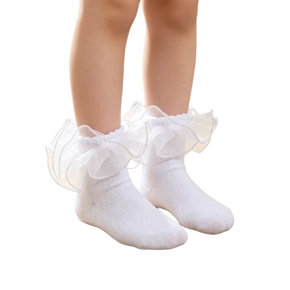 Dwellite Socks for Girls Double Lace Frilly Socks Turn Cuff Ruffle Dress Socks Silver M