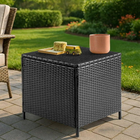 Qiushi Outdoor Wicker Side Table for Poolside Balcony, Rattan Coffee Table with Storage, 27 Gallon Patio Deck Small Storage Box for Cushion Towel Books, Black Square Side Table with lid