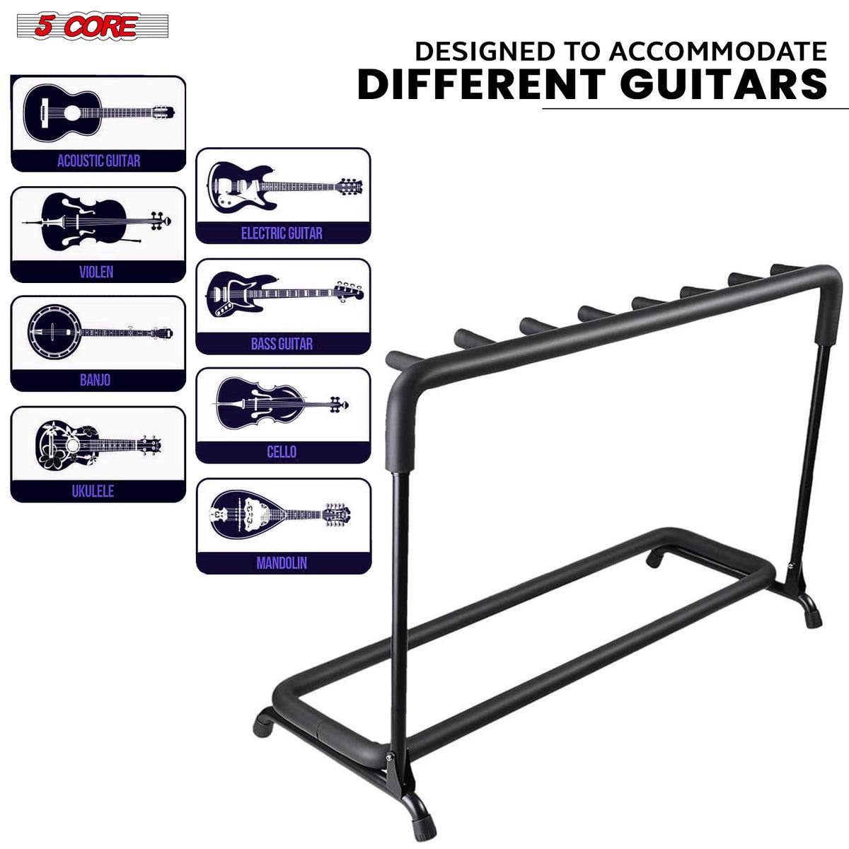 Guitar Rack 7 Slot Multi Guitar Stand Seven Display Floor Stand Safe Storage Foldable Portable for Electric Acoustic Flying V Guitars - GRack 7N1