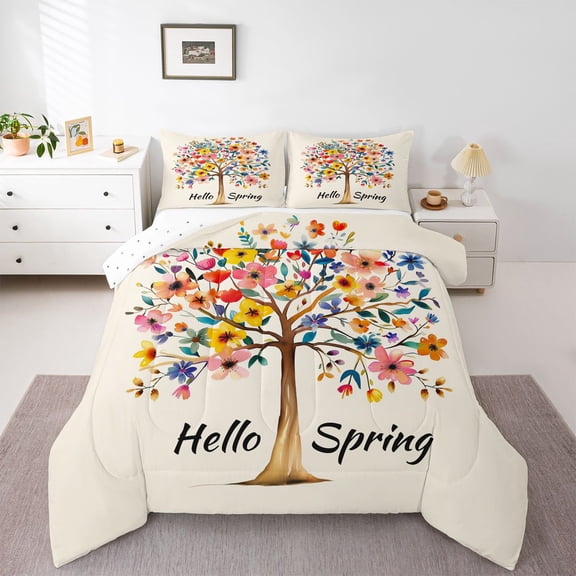 Manfei Tree Of Life Boy Girl Bedding Comforter Set 2pcs,Colorful Flowers Twin Comforter Sets Microfiber,Spring Garden Breathable Bedding Set,Breathable Home Decor,Reversible