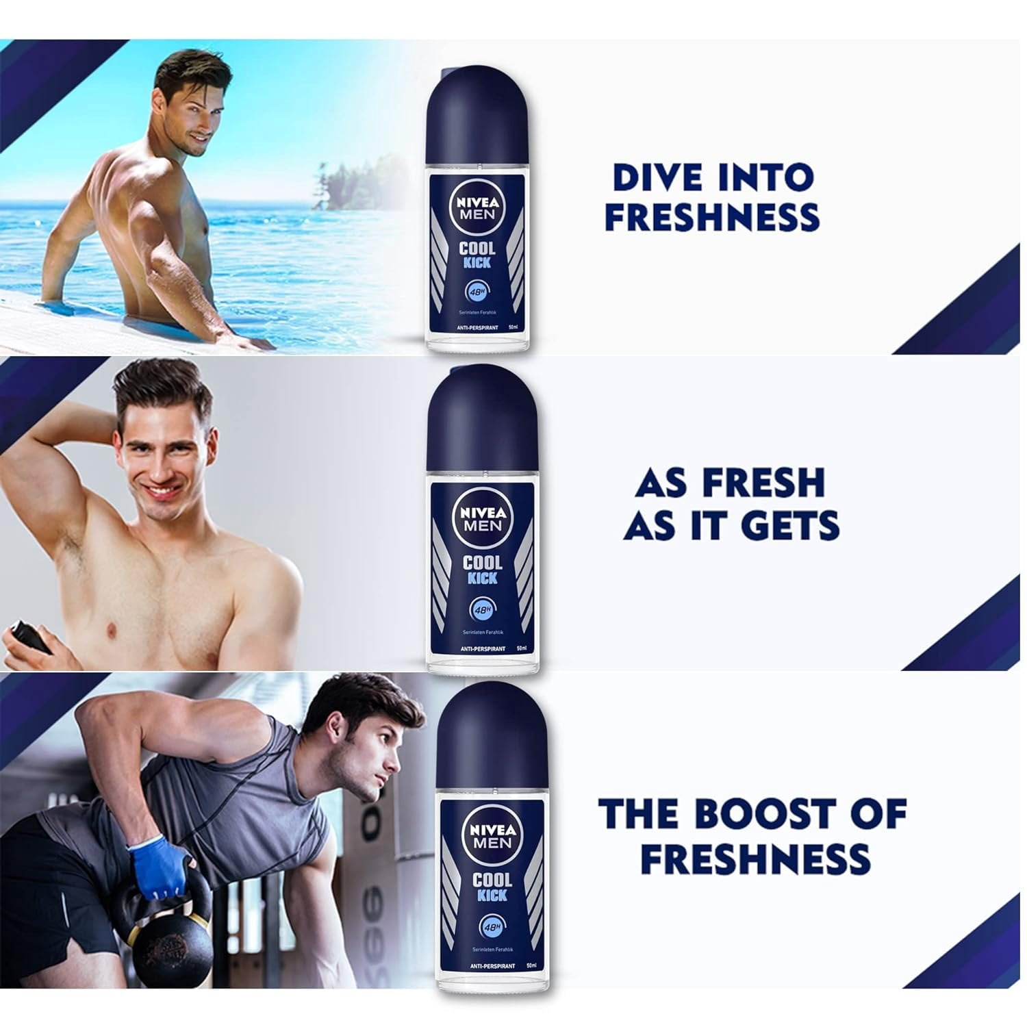 Nivea Men Cool Kick Anti-Perspirant Deodorant Roll-On, 50 ML 3pk