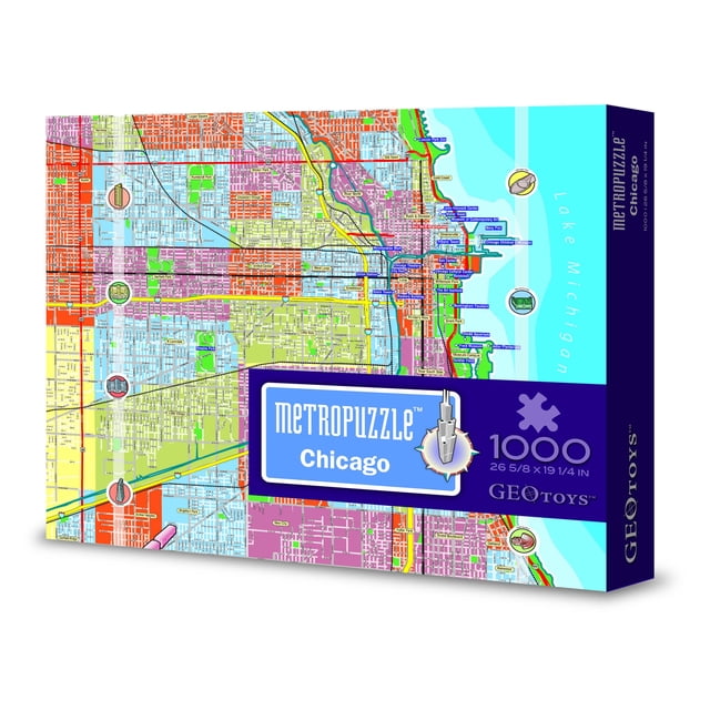 GeoToys Metropuzzle, Chicago Jigsaw Puzzles 1000 Pieces, Detailed Chicago City Map Geography Puzzle, Challenging Adult Puzzle, Fun Puzzles for Adults, Map Poster Included