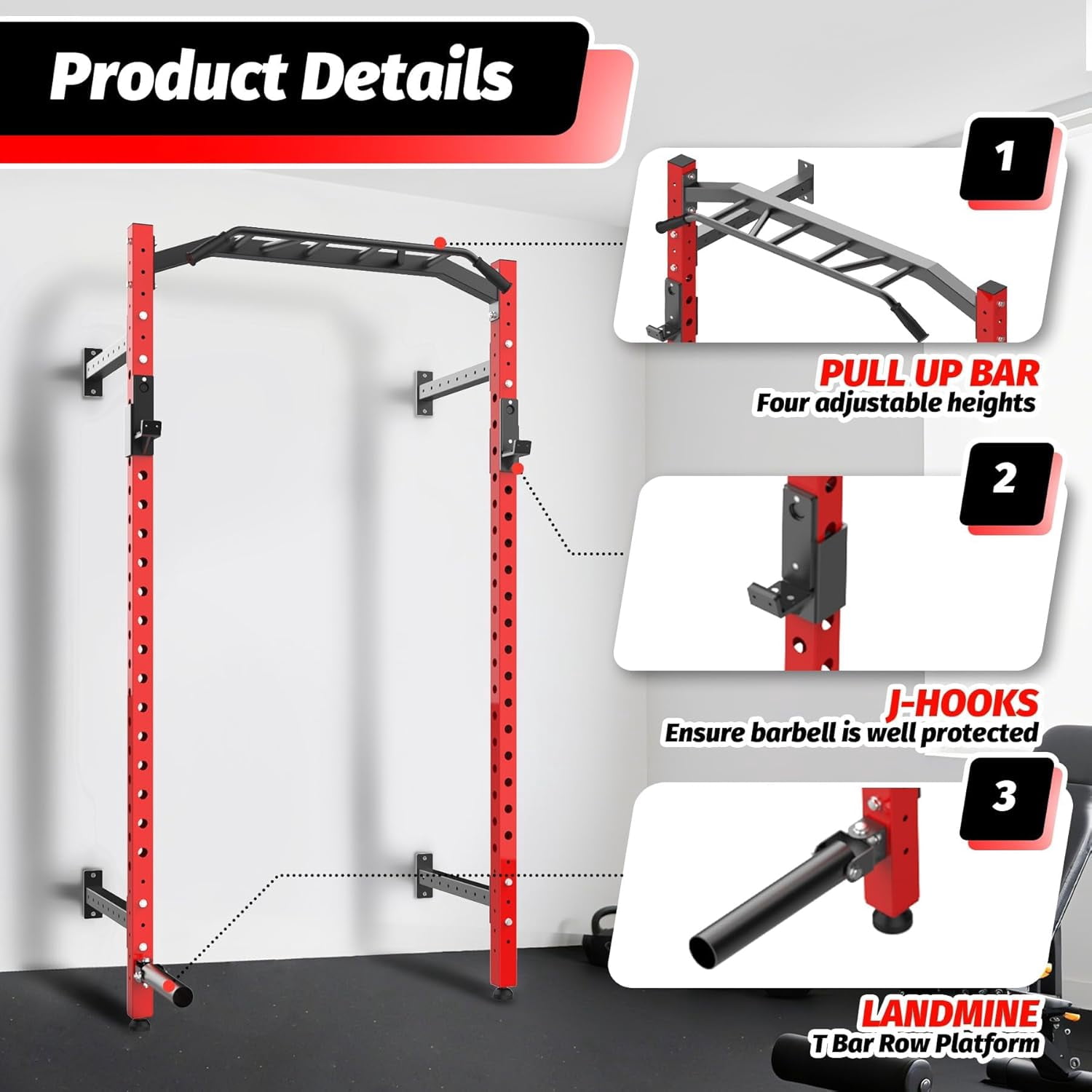 Commercial Wall Mounted Squat Rack, Heavy Duty Carbon Steel Home Gym Equipment with Multi-Grip Pull Up Bar, j-Cups & Landmine Attachment for Home and Garage Gym, Black/Red