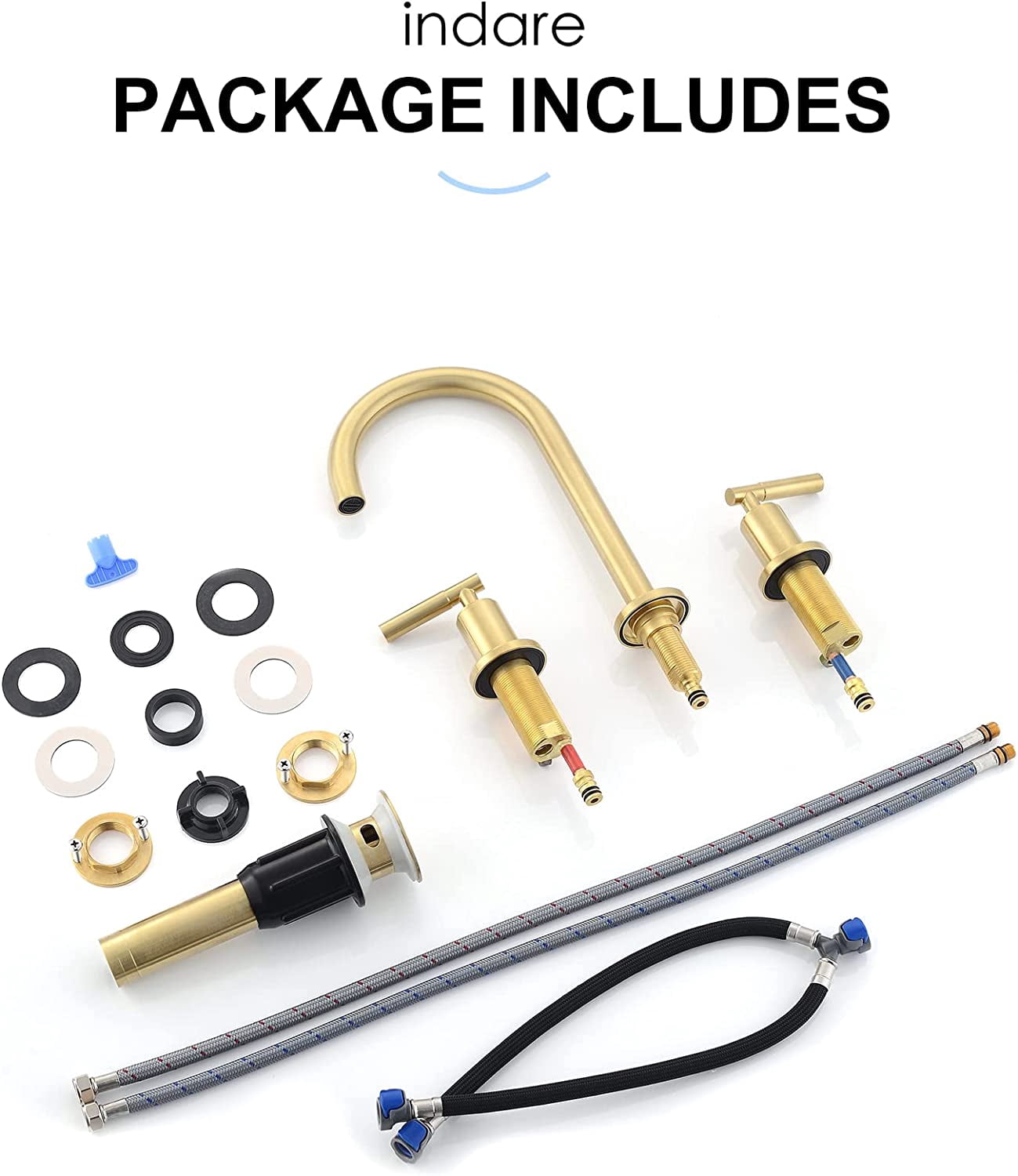 Brushed Gold Bathroom Faucet, Indare Two Handles 360° Swivel Spout Widespread 4Inch 8Inch Brass Bathroom Sink Faucet 3 Hole with Pop-Up Drain and Water Supply Lines