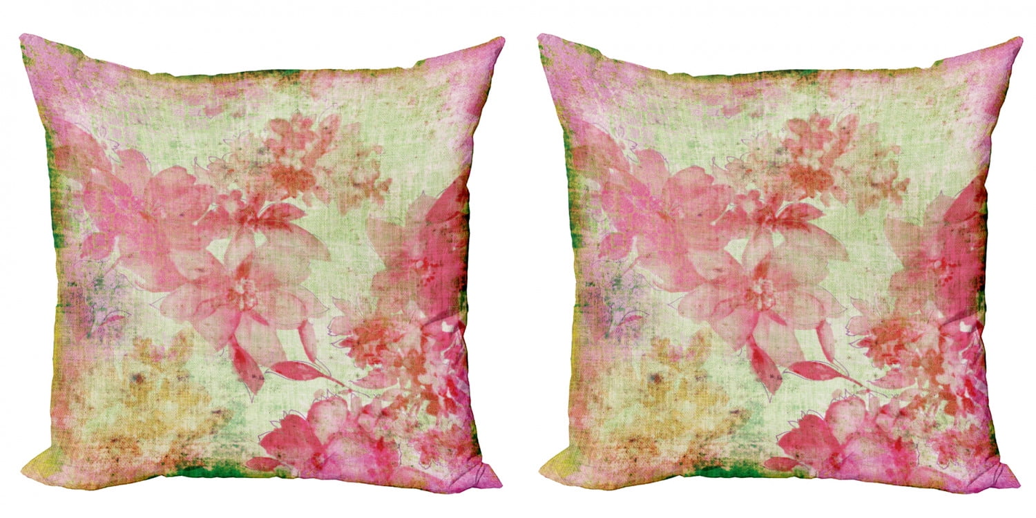 Flower Throw Pillow Cushion Cover Pack Of 2 Floral Design With A Grunge Style Dated Background Retro Artisan Pattern Zippered Double Side Digital Print 4 Sizes Pink And Green By Ambesonne Walmart Com