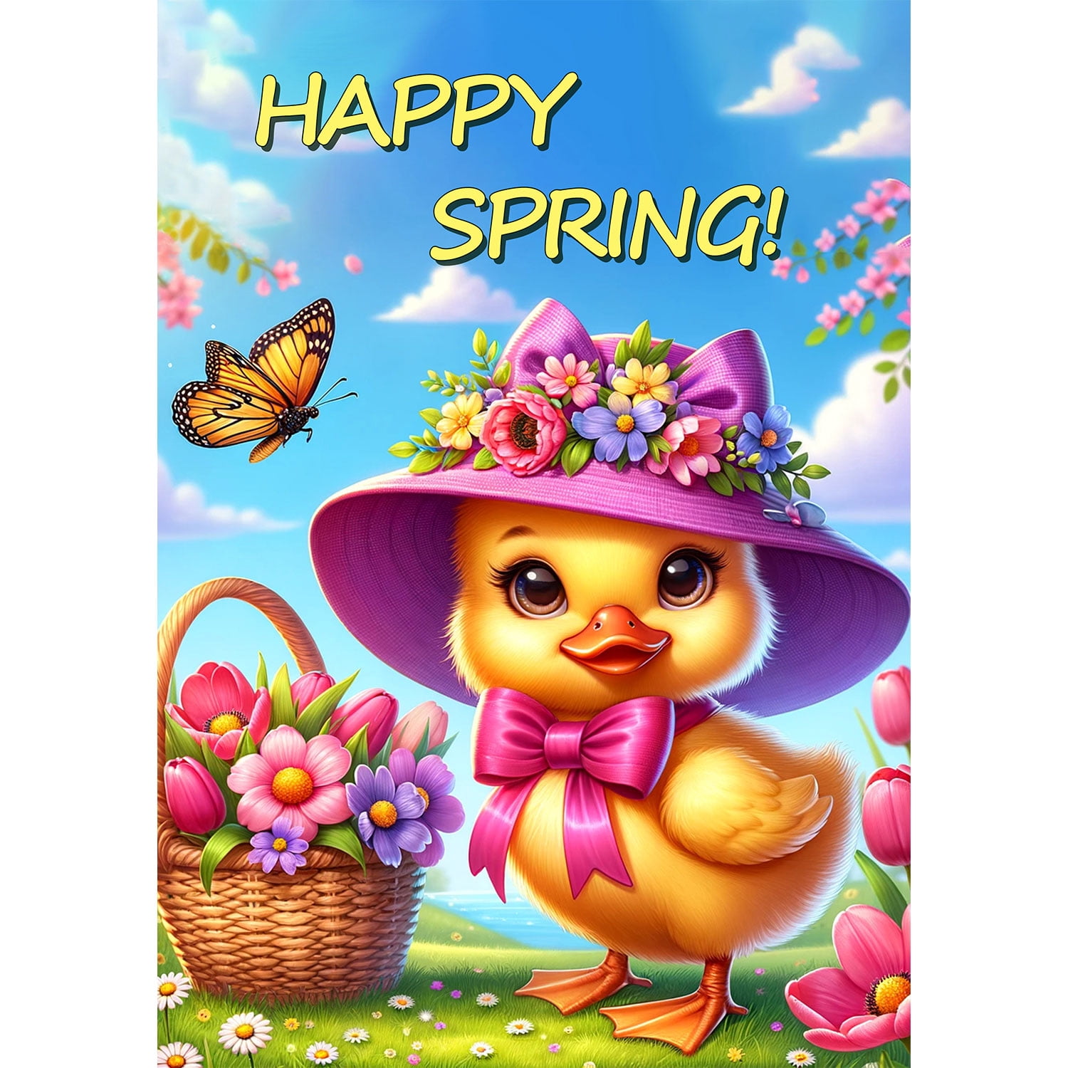 America Forever Happy Spring Duck House Flag, 28 x 40 inch Double Sided, Cute Duckling Flower Basket Butterfly Spring Seasonal Outdoor Decorations Yard Flag