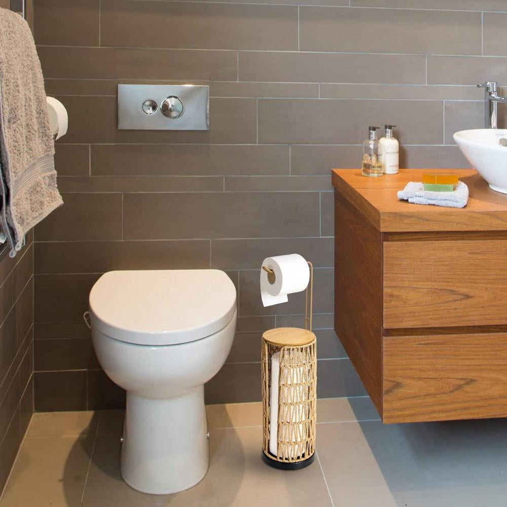 MIDODO Freestanding Toilet Paper Holder with Storage, 3 Rolls of Tissue Holder for Bathroom, Rattan Boho Handmade Woven Toilet Paper Roll Holder Stand
