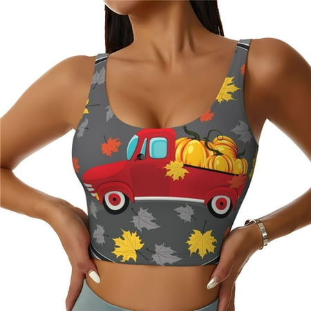 Adobk Red Pickup Truck With Pumpkins Print Sports Bras for Women Longline Workout Crop Tank Tops Padded with Built in Shelf Padded Sports Bra-X-Large