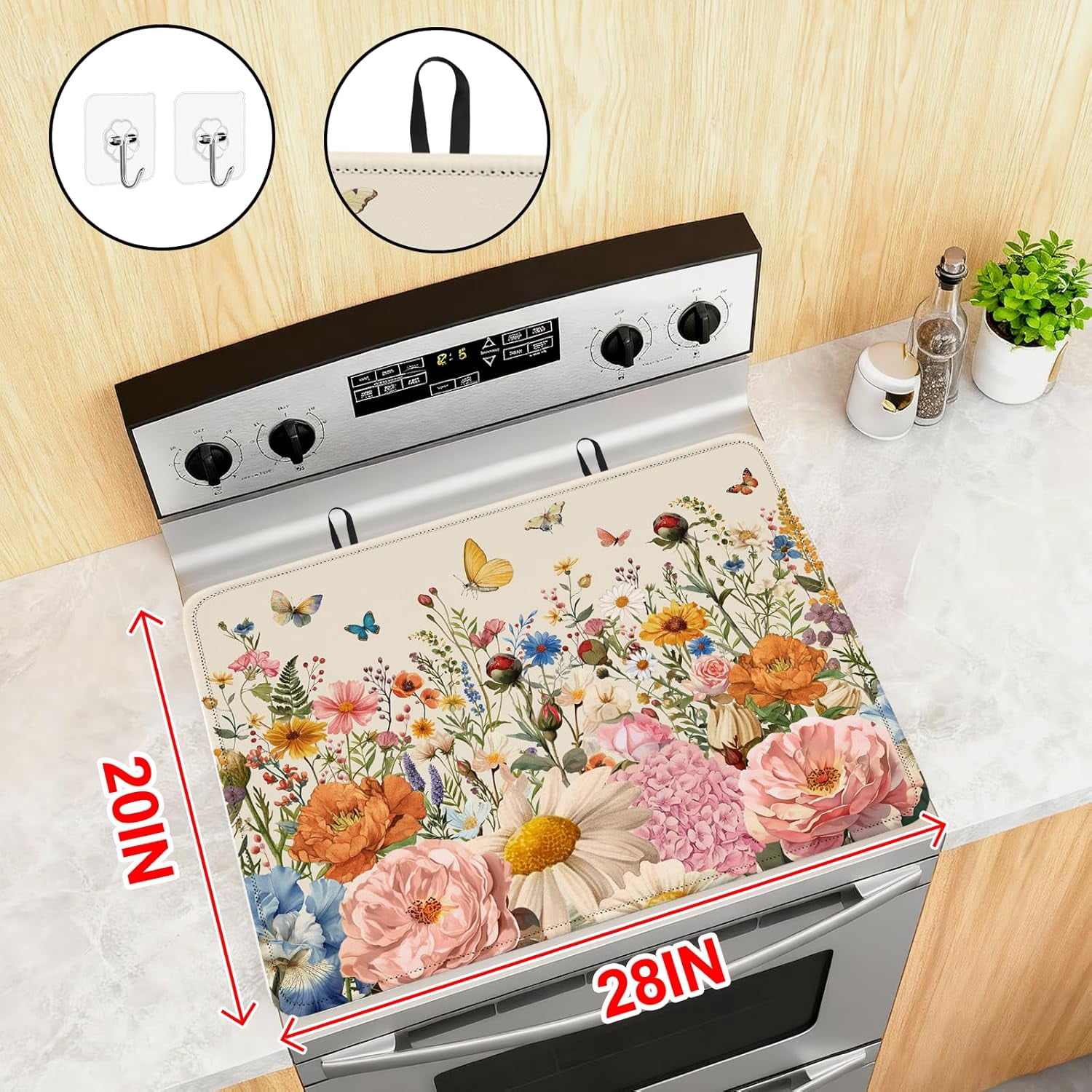 Retro Floral Stove Top Cover for Electric Stove 28"x20" - Wild Flowers Stove top Cover, Floral Heat Resistant Glass Cooktop Cover, Flat Range Stovetop Protector, Dish Drying Mat for Kitchen