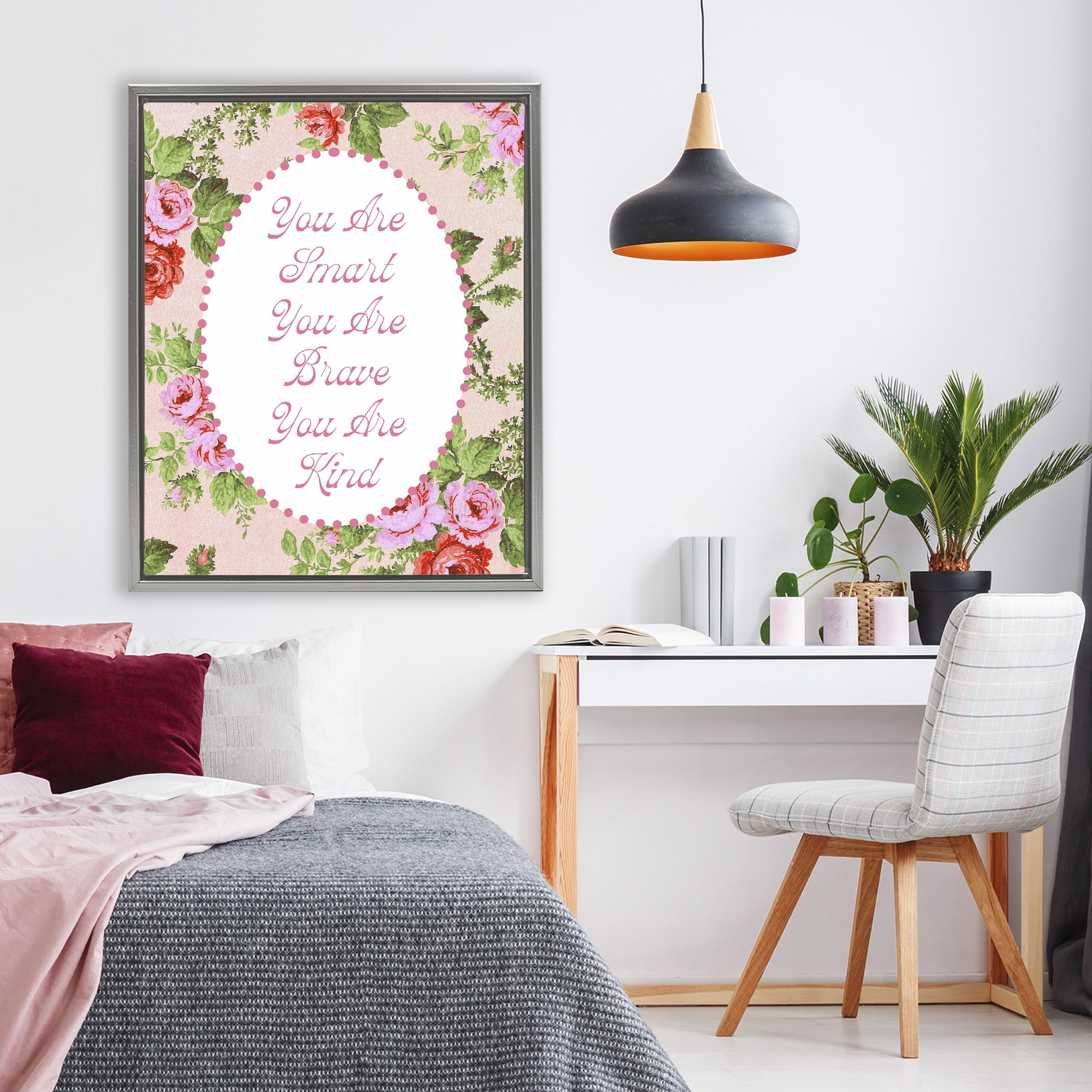 Stupell Industries Smart Brave & Kind with Vintage Florals Gray Framed Floater Canvas Wall Art, design by Lil' Rue
