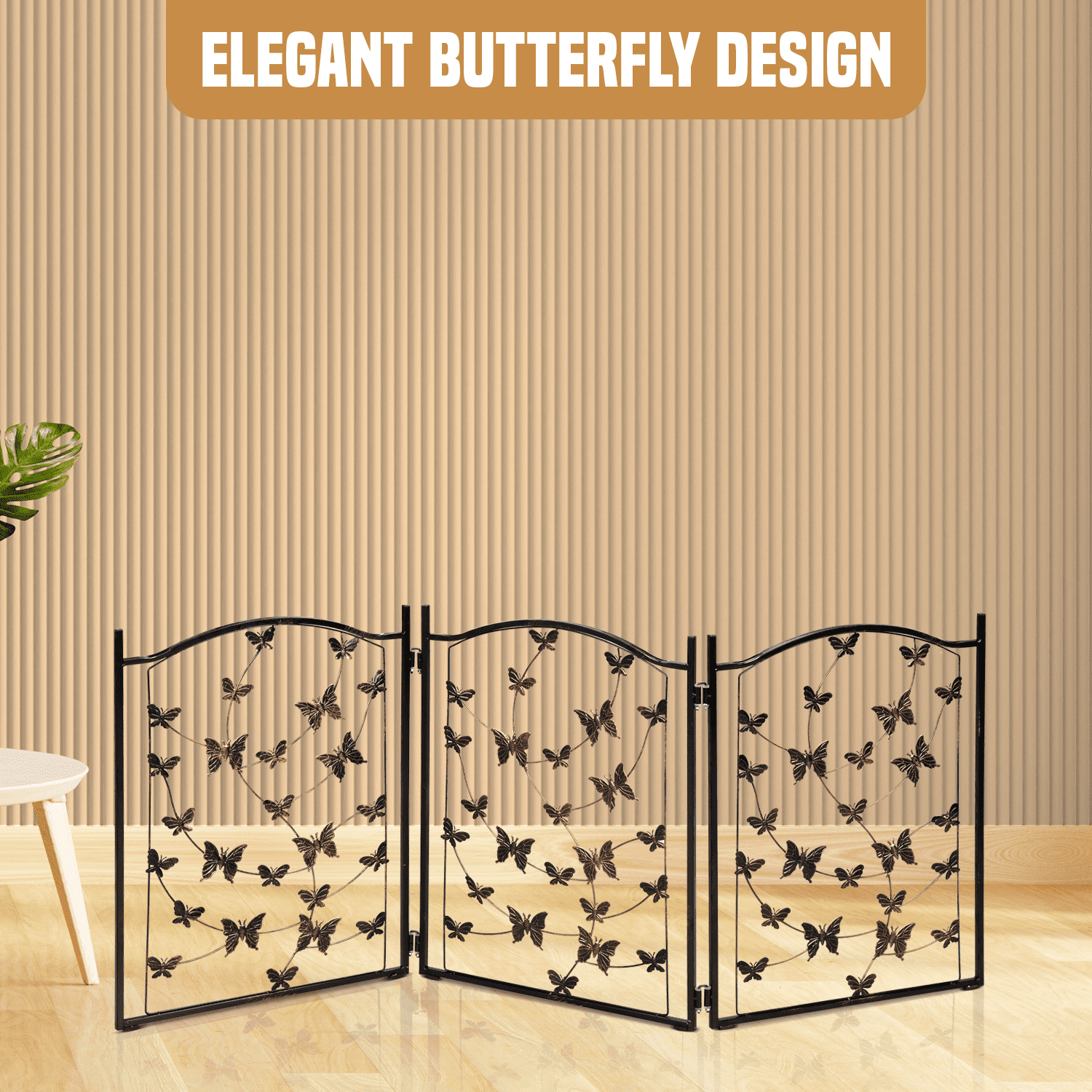 Bundaloo Freestanding Metal Folding Pet Gate, Medium, Foldable and Versatile, 24" Tall Expands Up to 45" - Black Bronze Rustic Butterfly Design