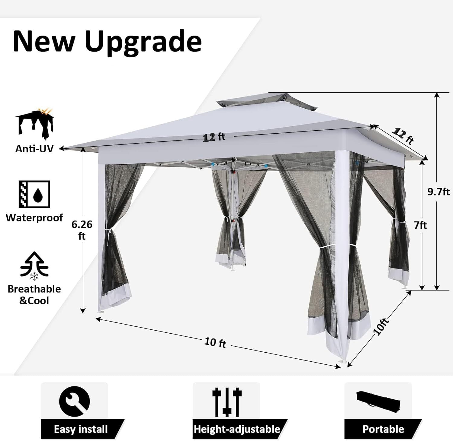COBIZI 12x12 Outdoor Gazebo Pop Up Gazebo Canopy with Mosquito Netting Patio Tent Backyard Canopy with 2-Tiered Vented Top 3 Adjustable Height, Gray