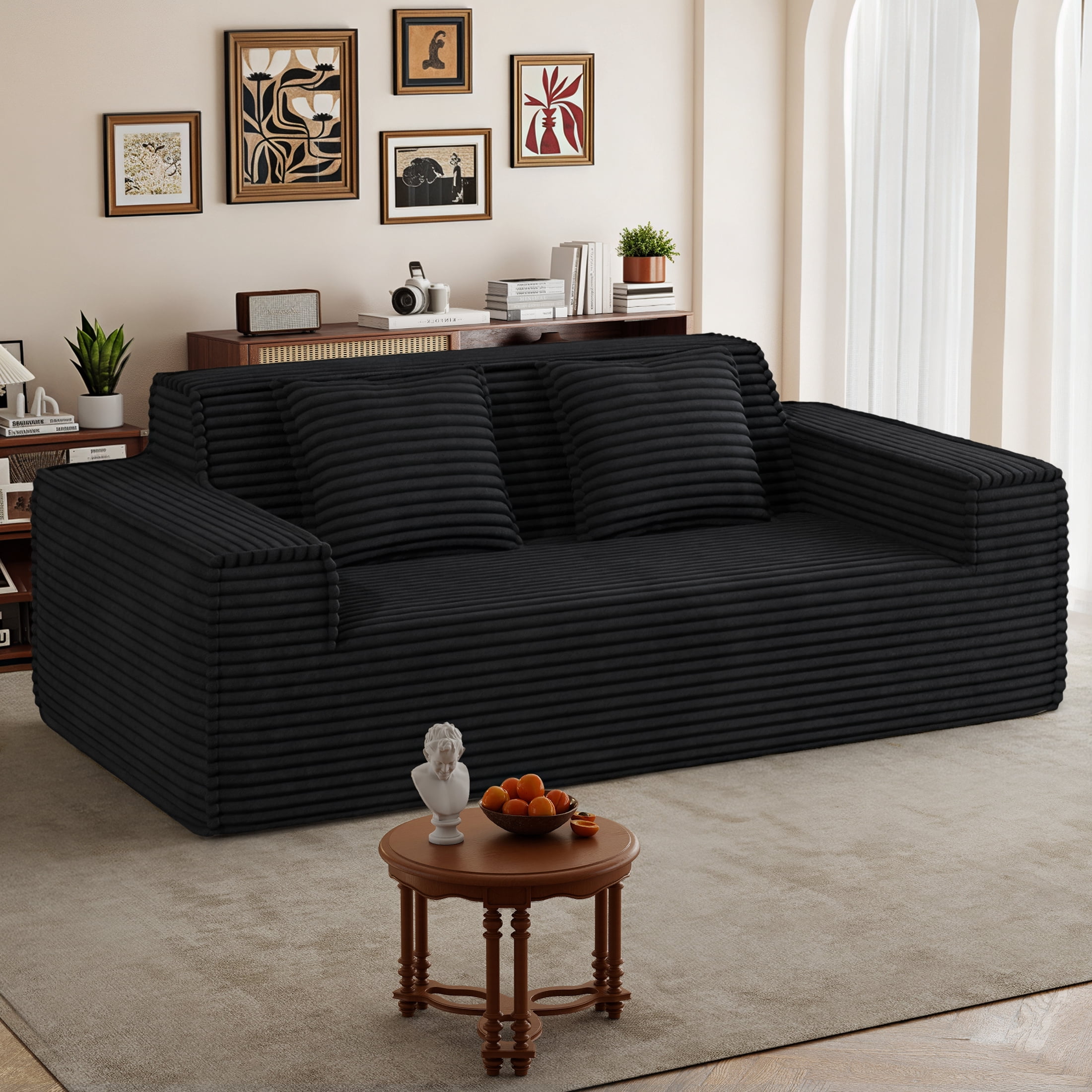 Hawsaiy 75" Corduroy Loveseat Sofa for Small Spaces, Wide Armrests, Removable Pillows, Vacuum-Packed Foam Couch, Black