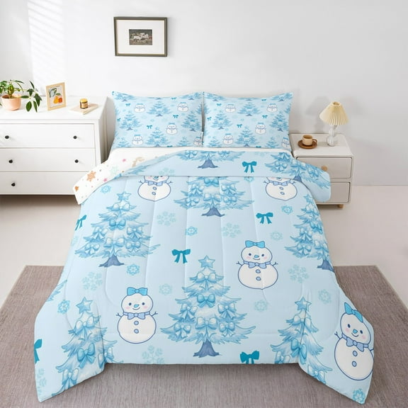 jejeloiu Cute Snowmen Bedding Comforter Set,Christmas Tree Twin Comforter Sets,Blue Bowtie Bowknot Bedding Set For Children,Microfiber Bedroom Decor Reversible,2pcs