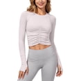 thumbnail image 2 of TrendOFT Womens Yoga Tops Ruched Long Sleeve Crop Crew Neck Yoga Workout Casual Slim Y2K Tops White L, 2 of 5