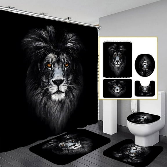 Black Lion-Head Theme Bathroom Shower Curtain Set Includes 72x72-inch shower curtain, U-shaped toilet seat cover, non-slip bath mat, and 12 hooks