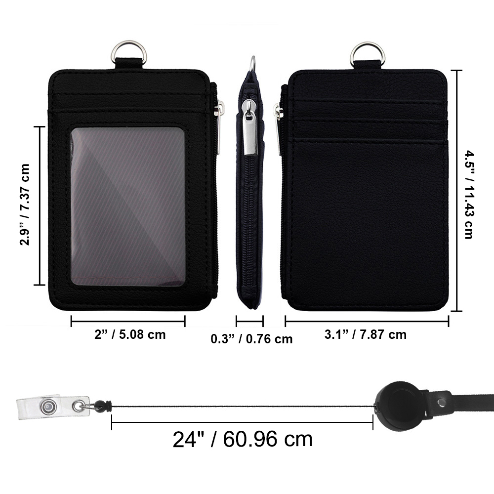 GOGO PU Leather Badge Holder Name Tag ID Card Holder Wallet Case with Retractable Reel Neck Lanyard-Black