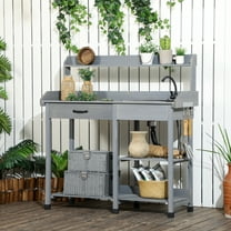 Outsunny Gray Wooden Potting Bench, Removable Sink, Hooks, Drawer and 3 Shelves