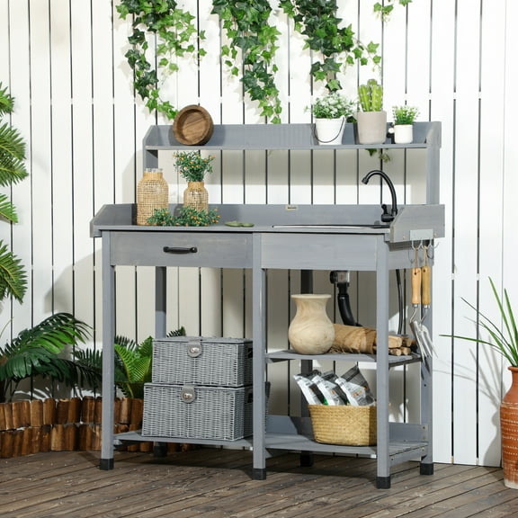 Outsunny Gray Wooden Potting Bench, Removable Sink, Hooks, Drawer and 3 Shelves
