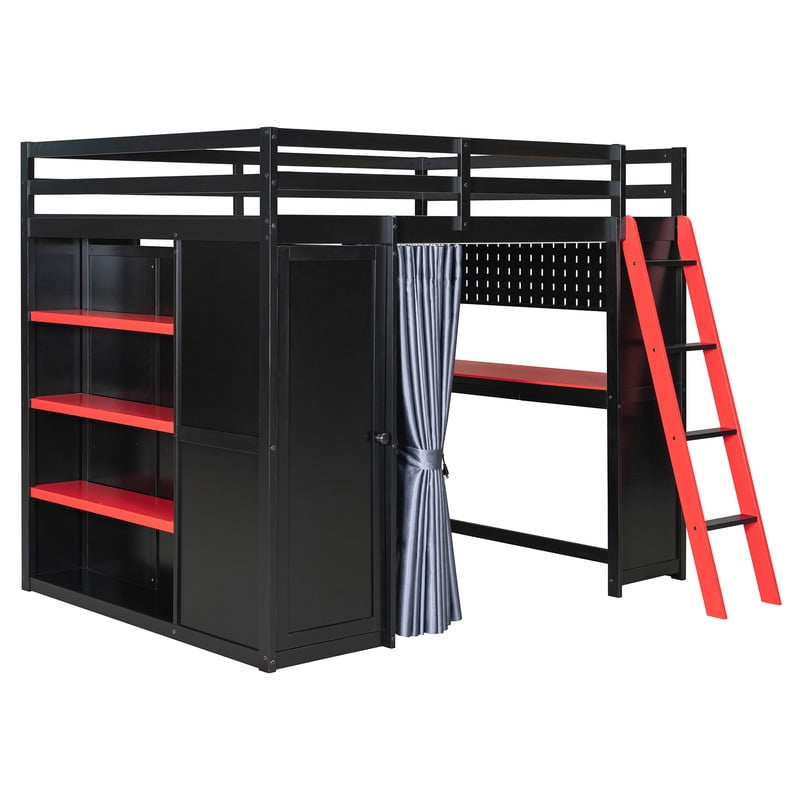 Full Size Wood Loft Bed with Wardrobe, Desk, Shelves, Blackout Curtains & RGB LED Lights, Space-Saving Gaming Loft Bed Frame with Storage Cabinet and Workstation for Teens & Adults