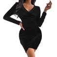 thumbnail image 1 of dresses for women Womens Solid Color Wrap V Neck Long Sleeve Velvet Bag Hip Ruched Cocktail Party Dress, 1 of 8