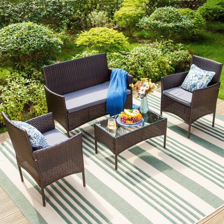MF Studio 4-Piece Outdoor Conversation Set, All Weather Wicker & Steel Frame, Dark Brown & Gray