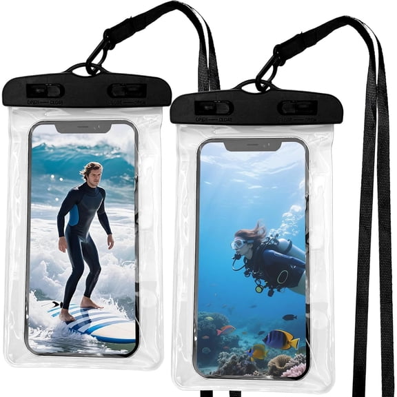 Waterproof Phone Pouch Case [2-Pack] – Easy Lock & Heavy-Duty IPX8 Dry Bag for Cell Phones, for iPhone 16 15 14 13 12 11 Pro Max Plus XS XR, Galaxy S24 S23, 4–7” Devices Black