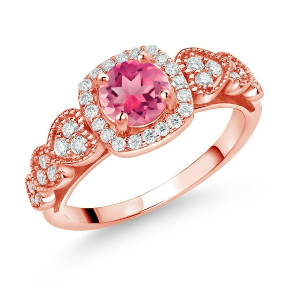 Gem Stone King 18K Rose Gold Plated Silver Pink Mystic Topaz and White Moissanite Engagement Ring for Women (1.88 Cttw, Round 6MM, Gemstone Birthstone, Size 8)