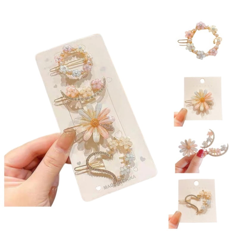 4Pcs Mori Super Fairy Rhinestone Flower Hairpin Net Red Four-Piece Set Simple Hair Clips Bangs Sea Side Clip Top Clip Headdress
