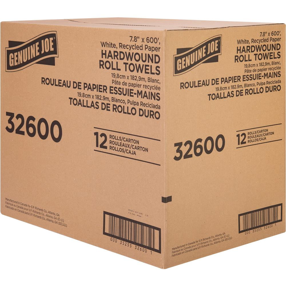 Genuine Joe Hardwound Roll Paper Towels - 7.80" x 600 ft - 2" Core - White - Paper - 12 / Carton