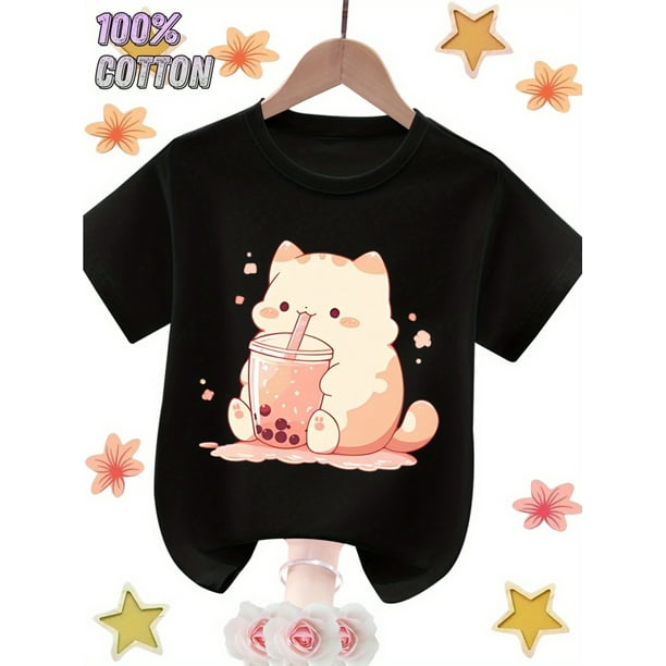 Camiseta infantil con estampado de gato bebiendo té Boba. Algodón suave y transpirable. Cuello redondo y manga corta. Ideal para salidas de verano.