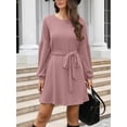 thumbnail image 4 of SHIBEVER Women Long Sleeve Fall Dresses 2024 Crewneck Tie Waist A-Line Swing Casual Ribbed Knit Cute Short skirt PINK XL, 4 of 5