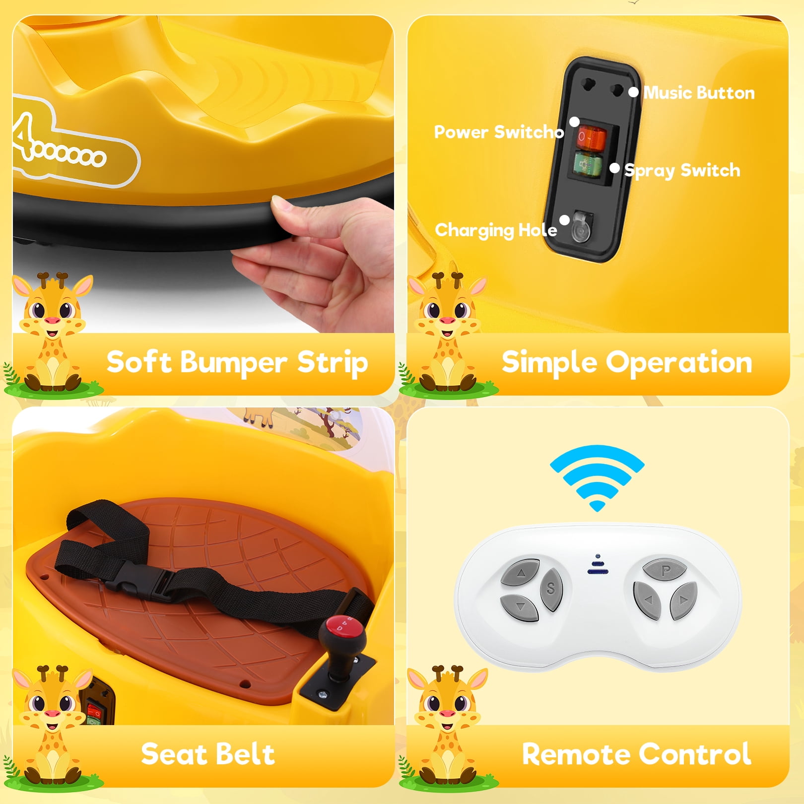 Funcid 12V Electric Giraffe Bumper Car for Toddler, Baby Bumper Car with Remote Control, Kids Ride on Toy for Boys Girls 2+, 360° Spin, LED Lights, Music, Yellow